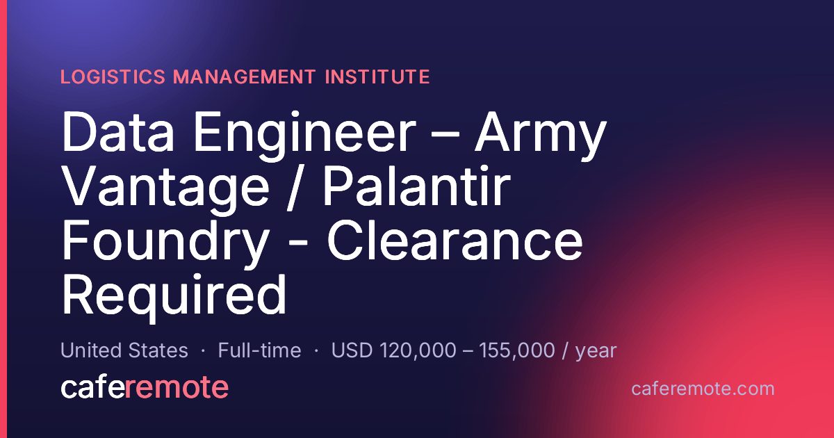 Data Engineer – Army Vantage / Palantir Foundry - Clearance Required at Logistics Management Institute — remote job on CafeRemote