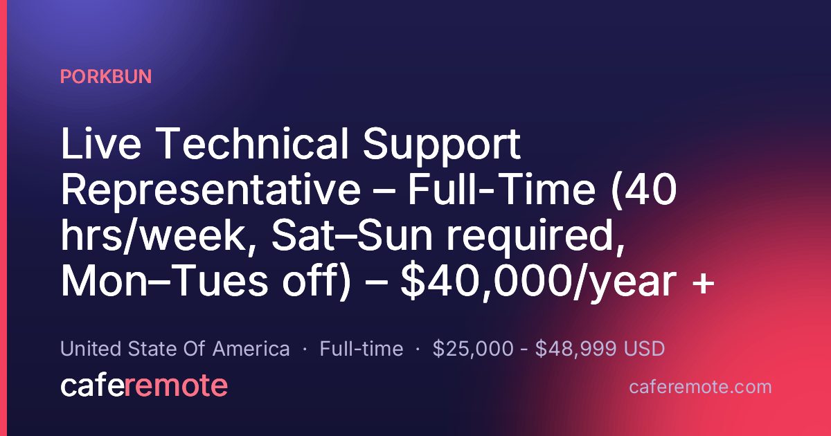 Live Technical Support Representative – Full-Time (40 hrs/week, Sat–Sun required, Mon–Tues off) – $40,000/year + Benefits – Available in CA, ID, OR, TX, and WA at Porkbun — remote job on CafeRemote